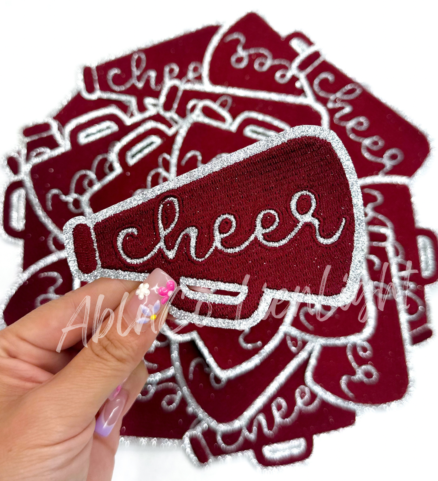 SILVER glitter maroon cheer megaphone hat patches iron on