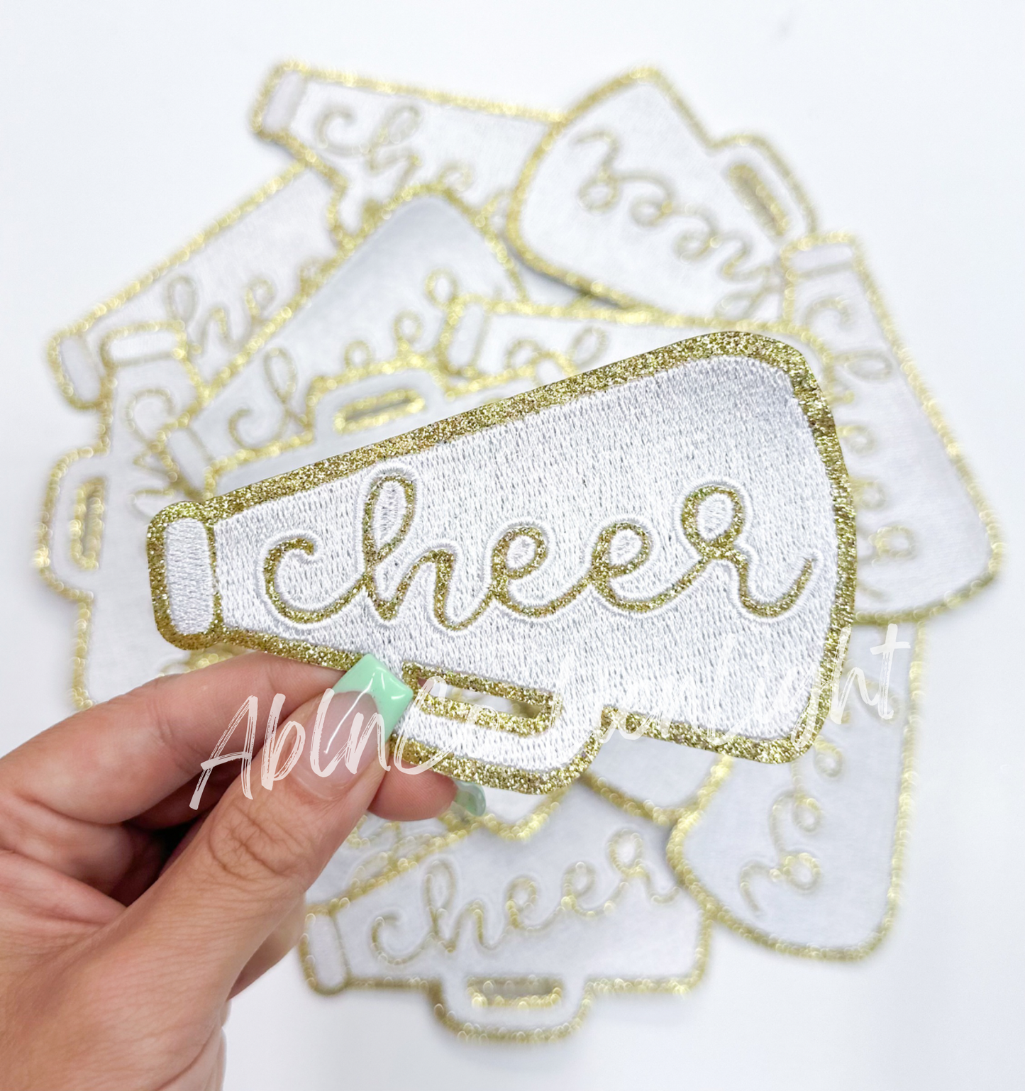 White glitter cheer megaphone trucker hat patch iron on