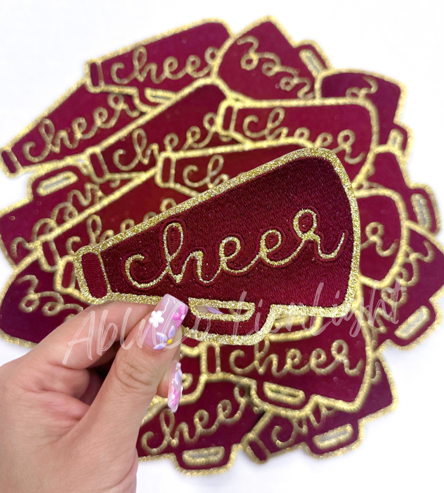 Maroon glitter cheer megaphone trucker hat patch iron on