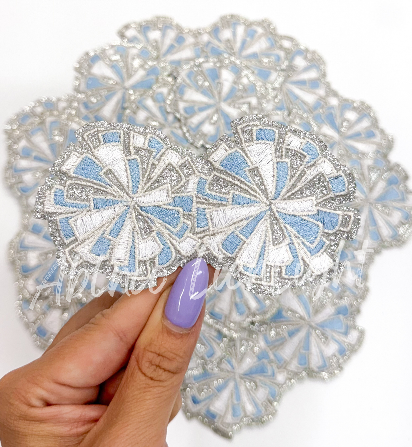 Light blue and silver cheer glitter pom poms patch iron on