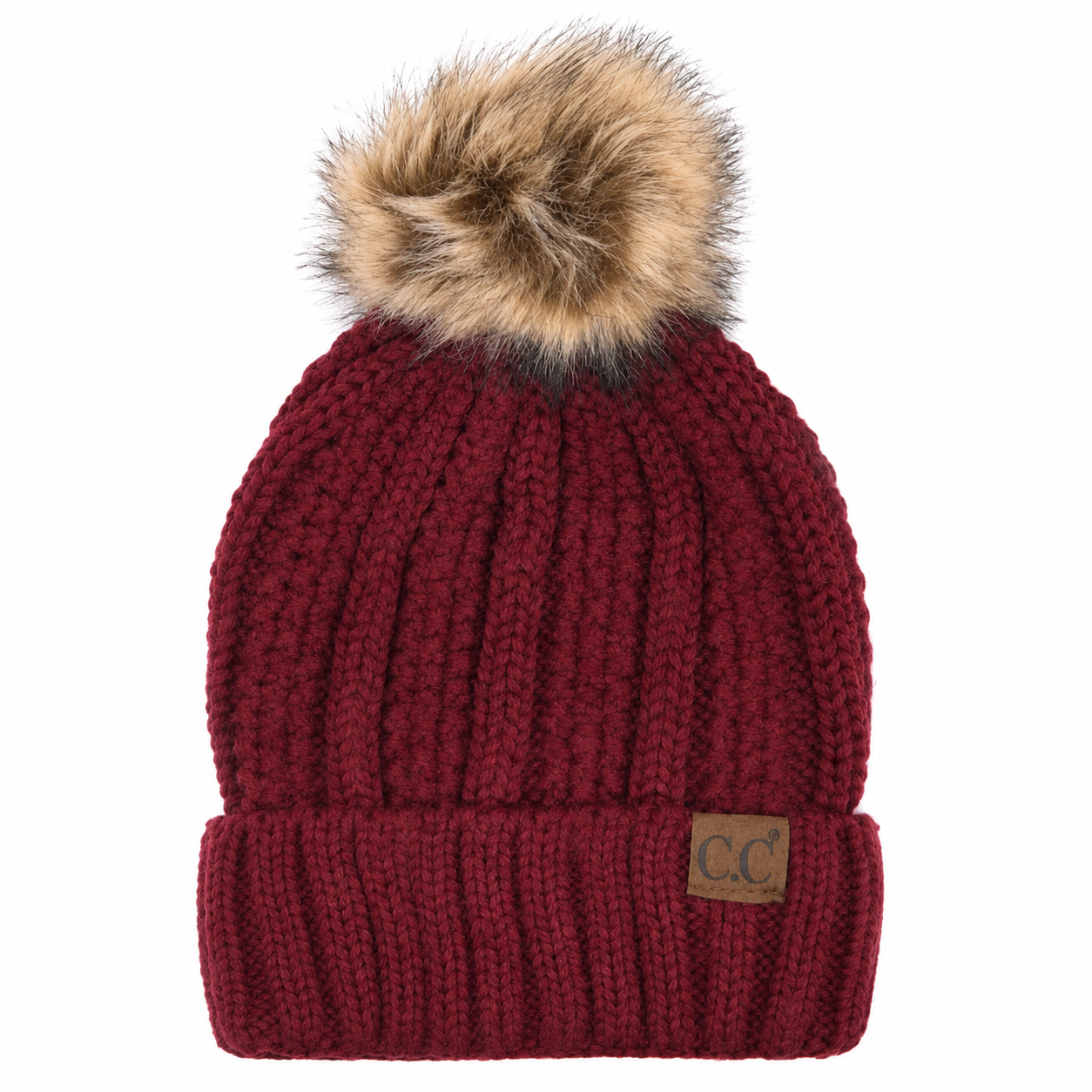 Maroon sherpa-lined knit beanie with faux fur pom and C.C. logo patch