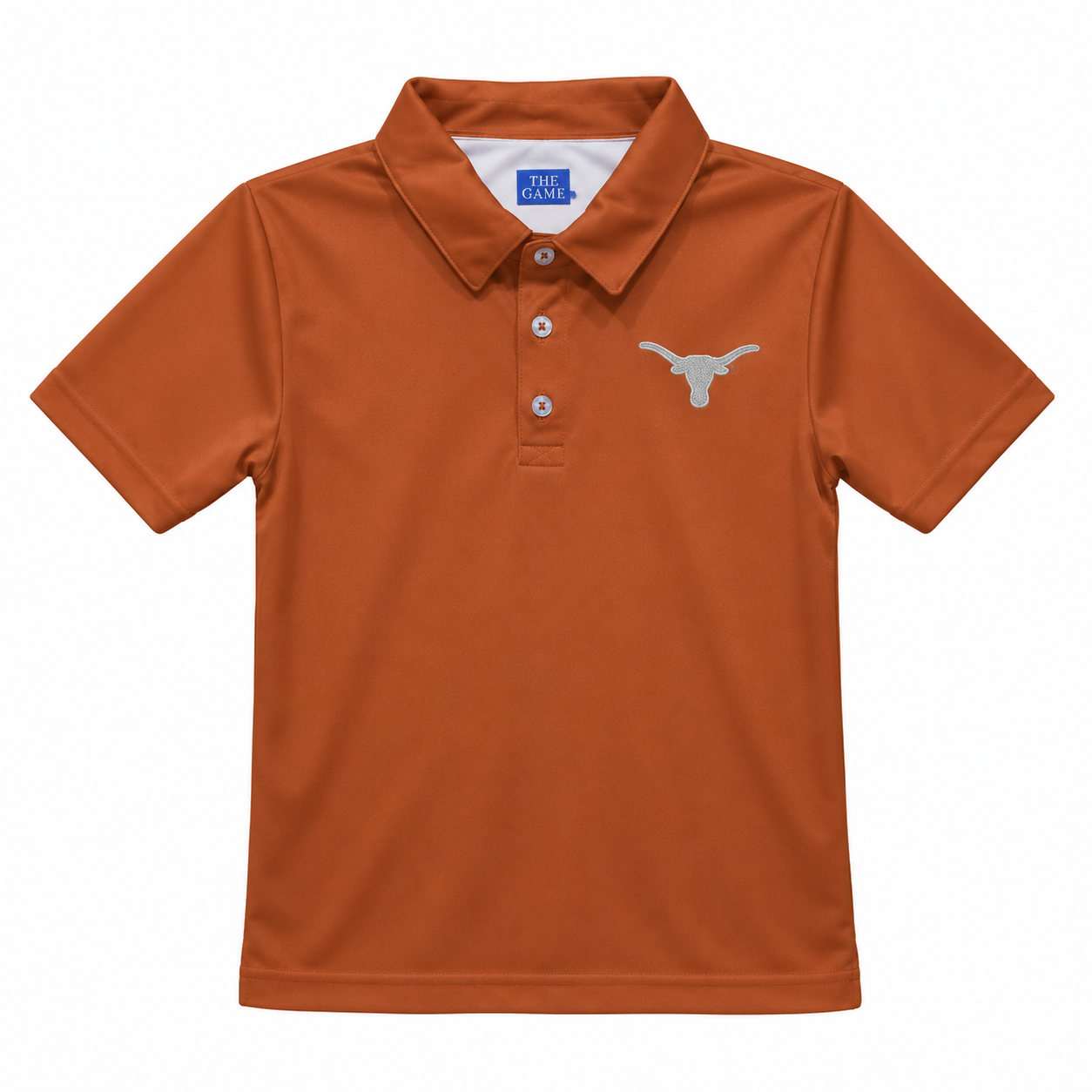 A burnt orange short-sleeve polo shirt with a three-button placket and a silver embroidered Longhorn logo on the left chest, displayed on a clean white background.