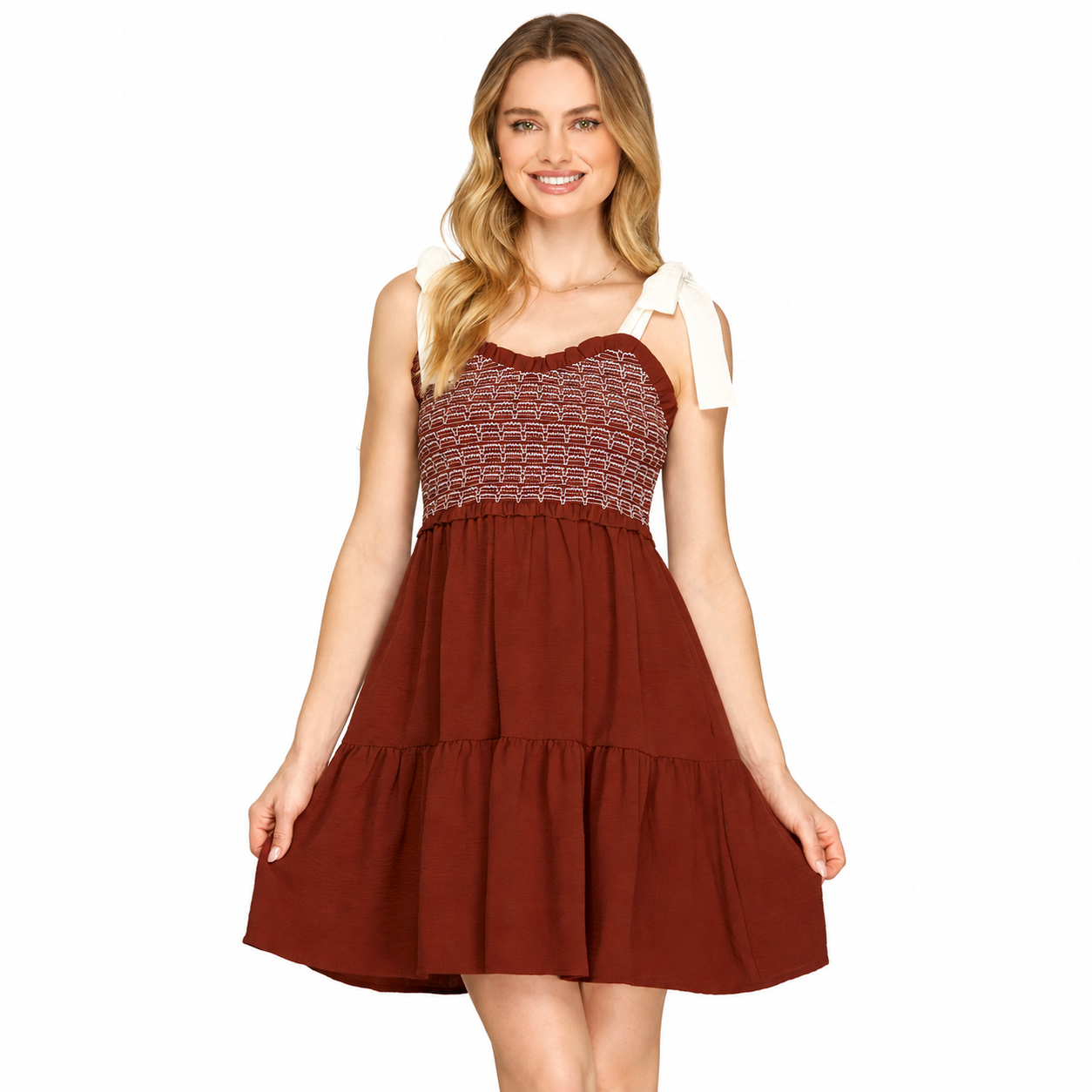 Game Day Shoulder Bow Tie Smocked Woven Mini Dress
