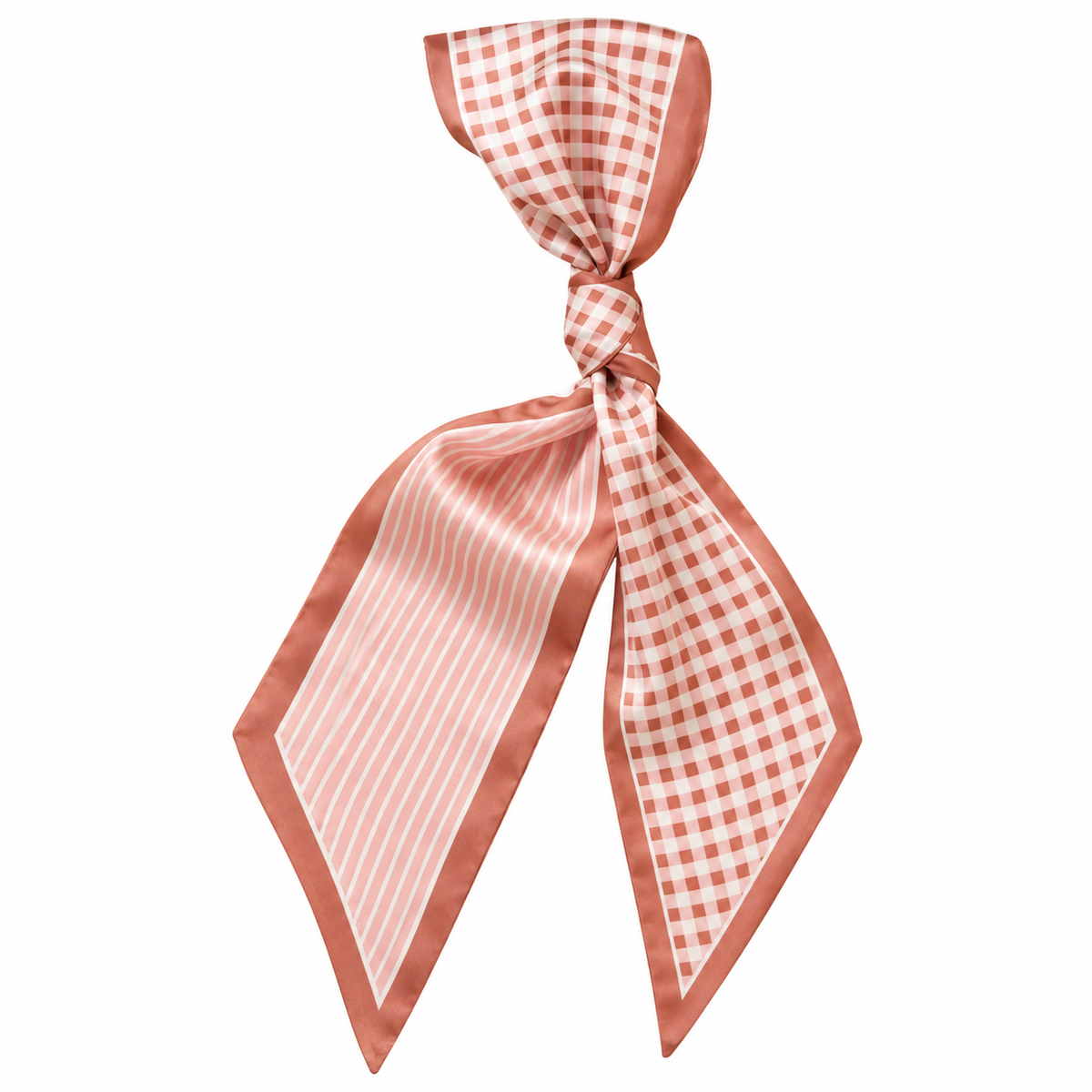 A silk scarf tied in a knot, featuring a coral pink and white gingham check pattern on one side, white and light pink diagonal stripes on the other, and a solid coral pink border.