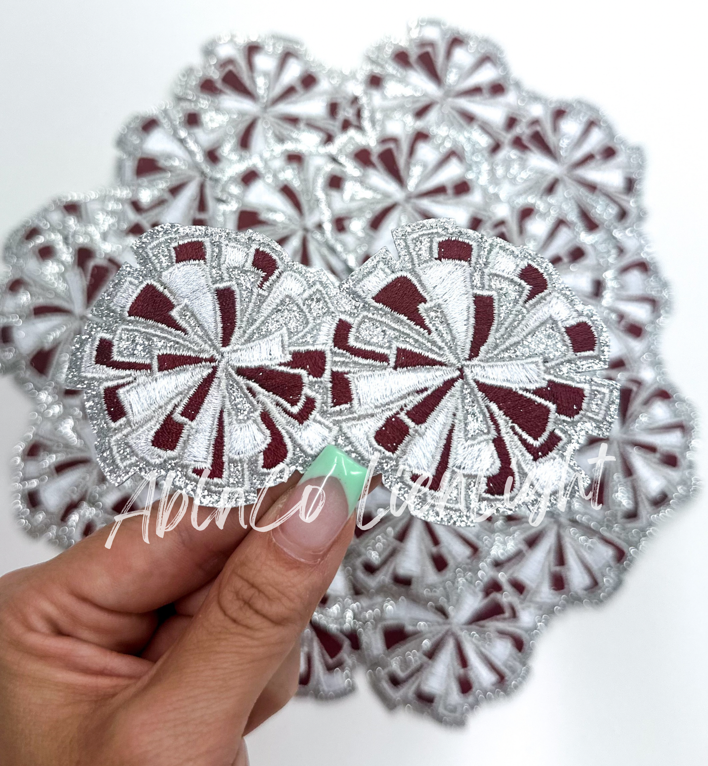 Maroon cheer glitter pom poms trucker hat patch iron on