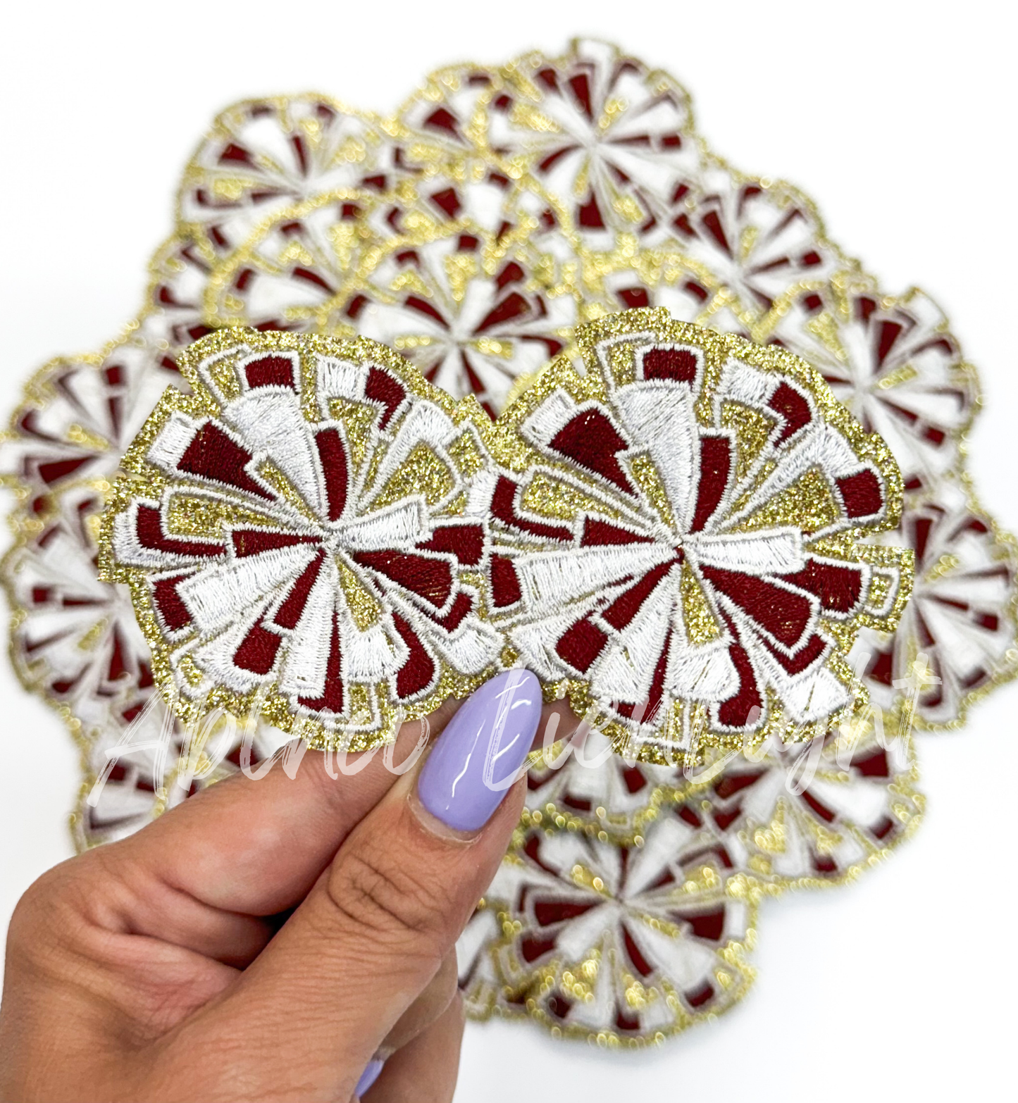 Maroon and gold cheer glitter pom poms patch iron on