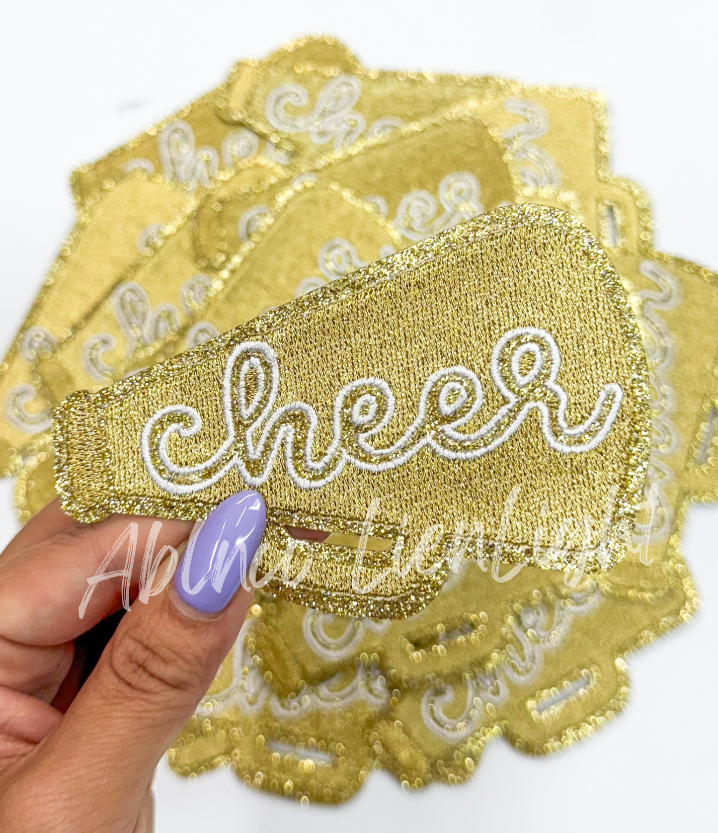 Gold glitter cheer megaphone trucker hat patch iron on