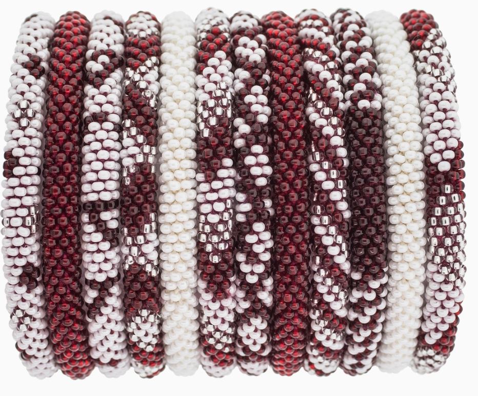 Maroon & White Roll On Bracelet Stack - set of 3