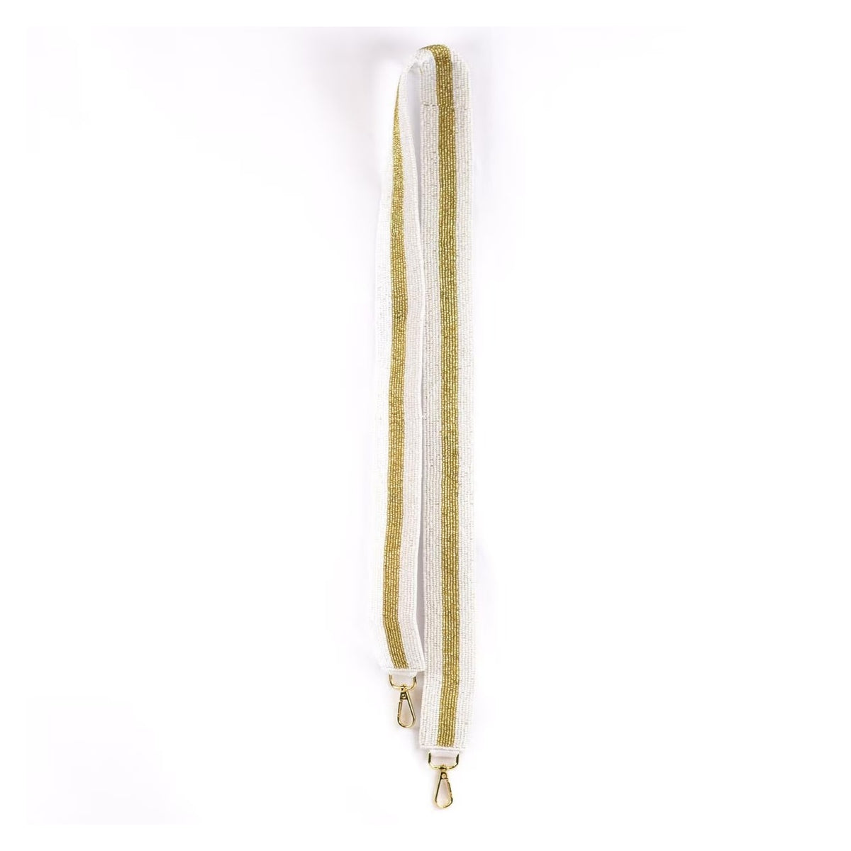 Full-length white and gold striped beaded purse strap with gold-tone clasps