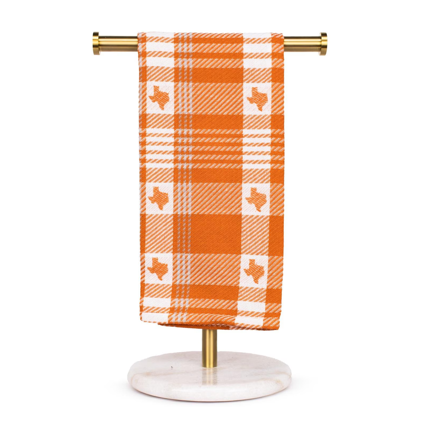 Orange and white Texas plaid jacquard hand towel with woven Texas shapes