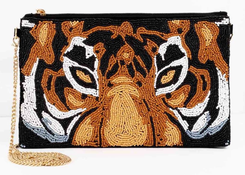 Beaded Tiger Face Clutch/Crossbody Purse