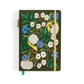 Olive green floral dot journal with blue, white, and yellow flowers, gold elastic closure, and green ribbon bookmark