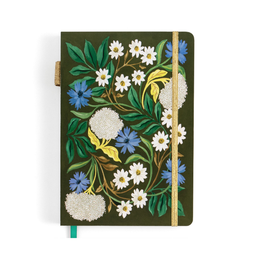 Olive green floral dot journal with blue, white, and yellow flowers, gold elastic closure, and green ribbon bookmark