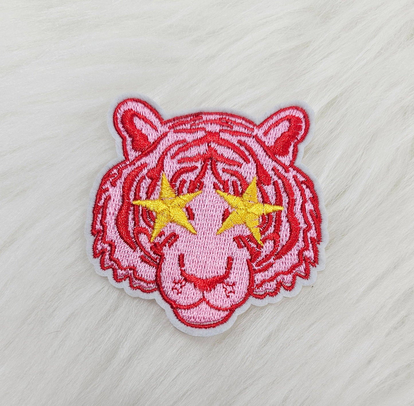 Small Pink Tiger Mascot with Star Eyes Embroidery Iron On Patch