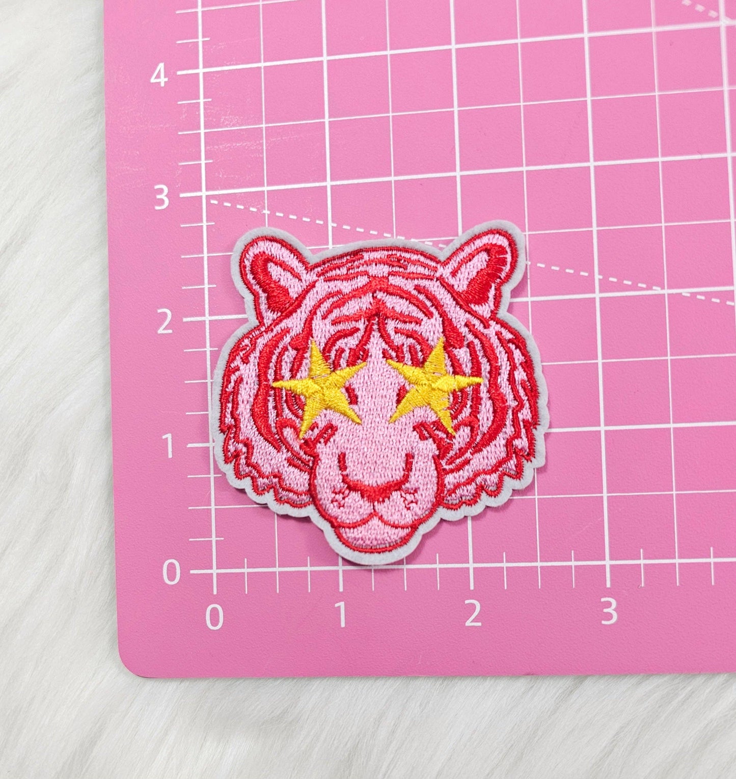 Small Pink Tiger Mascot with Star Eyes Embroidery Iron On Patch