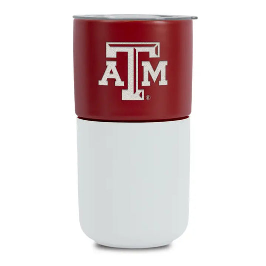 A two-toned insulated tumbler with a dark red top half featuring a large white 'A&M' Texas A&M logo, and a white bottom half, shown on a plain white background.