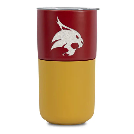 A two-tone insulated tumbler with a dark red top half featuring a white wildcat logo, and a matte mustard yellow bottom half, shown on a plain white background.