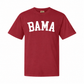 A short-sleeve crewneck t-shirt in maroon red with 'BAMA' printed across the chest in white varsity-style block letters, shown on a plain white background.