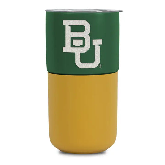 A two-toned insulated travel tumbler with a dark green top half featuring a large white 'BU' logo, and a mustard yellow bottom half, shown on a plain white background.