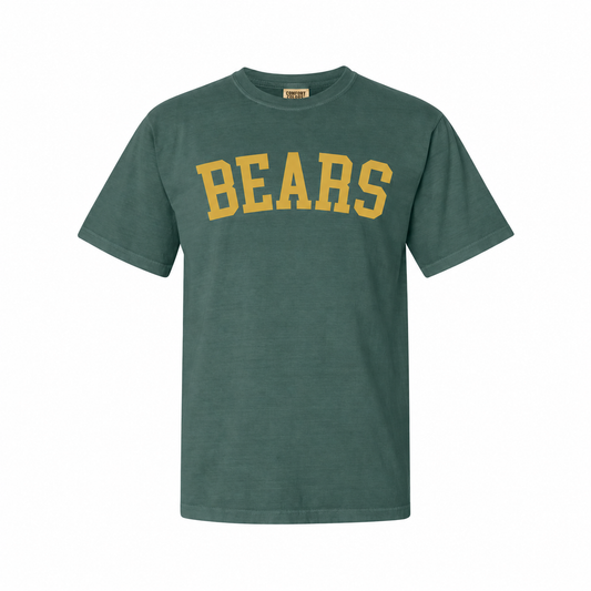 A dark green short-sleeve t-shirt with 'BEARS' printed across the chest in a yellow varsity-style arched font, shown on a plain white background.