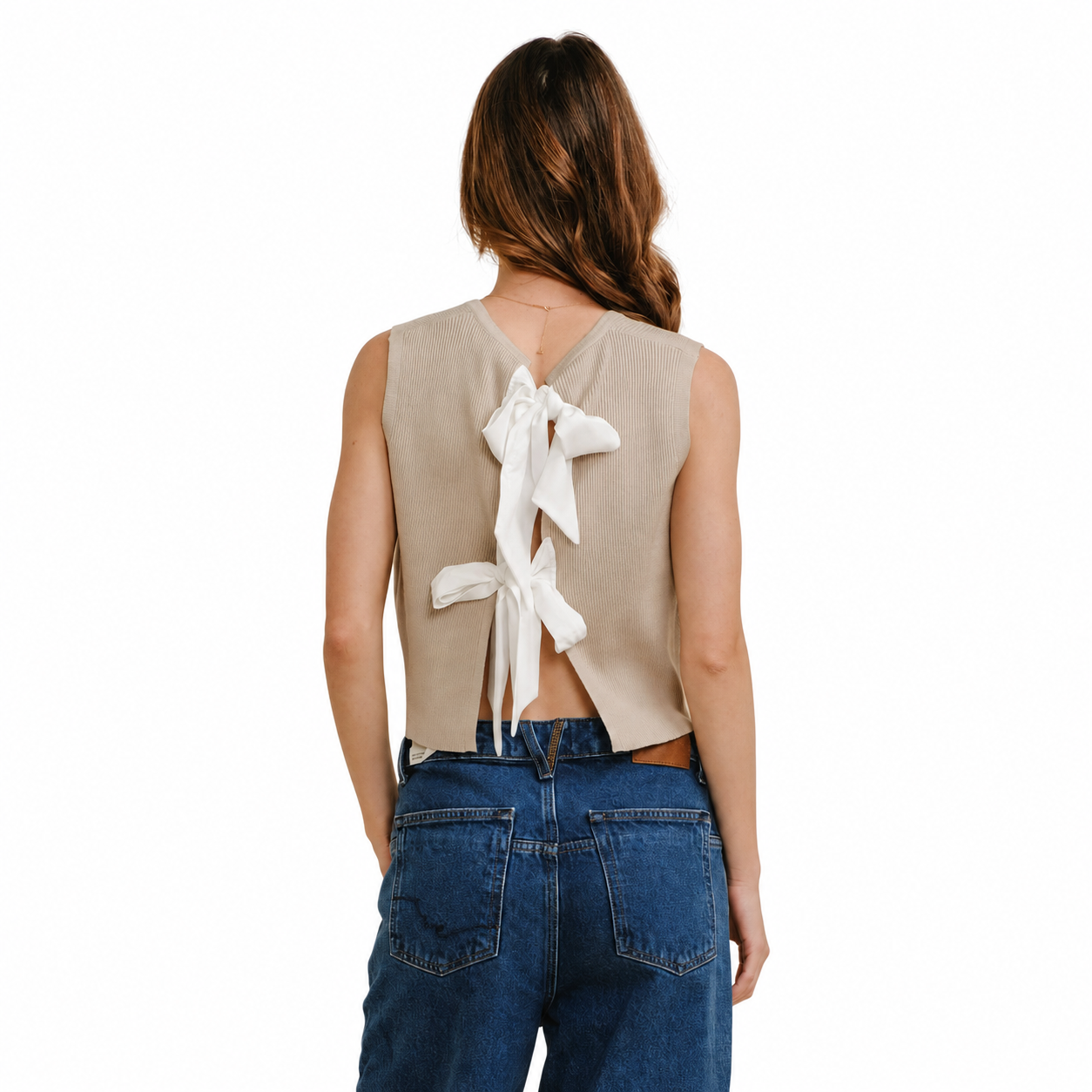 Beige Bow-Tie Sleeveless Top