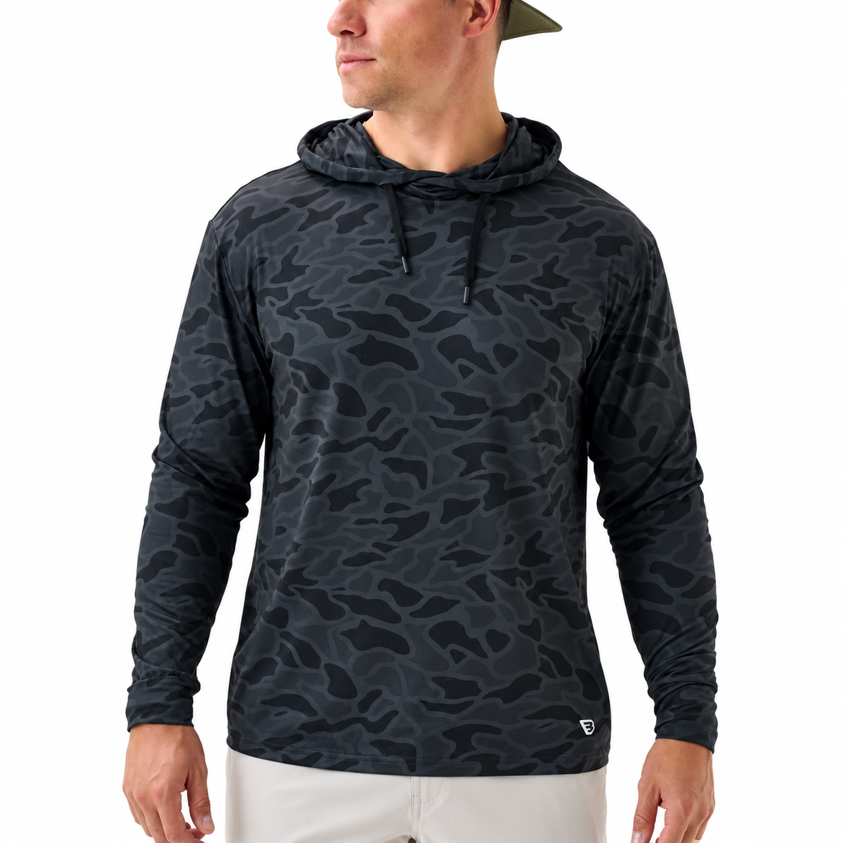 Dark charcoal camo Burlebo performance hoodie with drawstrings shown on a male model
