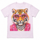 A light pink short-sleeve crewneck t-shirt featuring a colorful graphic print of a tiger wearing pink rhinestone sunglasses, a pink jacket, and a silver diamond necklace.