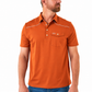A man wearing a short-sleeve orange polo shirt with white contrast stitching, a two-button placket, and a chest pocket with a small logo tab, photographed against a plain white background.