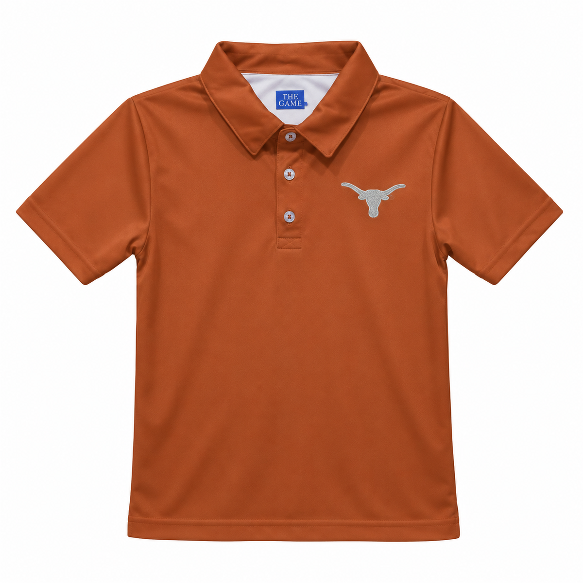 A burnt orange short-sleeve polo shirt with a three-button placket and a silver embroidered Longhorn logo on the left chest, displayed on a clean white background.