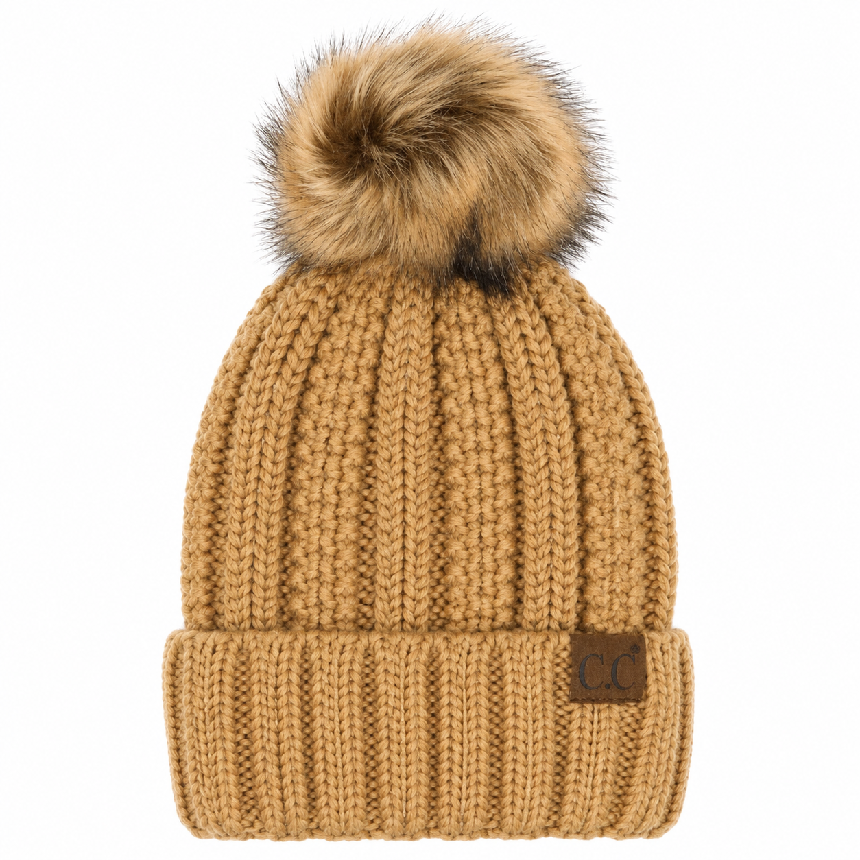 Camel sherpa-lined knit beanie with faux fur pom and C.C. logo patch