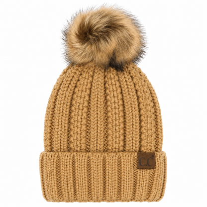 Camel sherpa-lined knit beanie with faux fur pom and C.C. logo patch