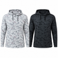 Two long-sleeve hooded athletic shirts with a dark camouflage pattern, displayed side-by-side on a plain white background. The shirt on the left is light gray and white, while the shirt on the right is solid black.
