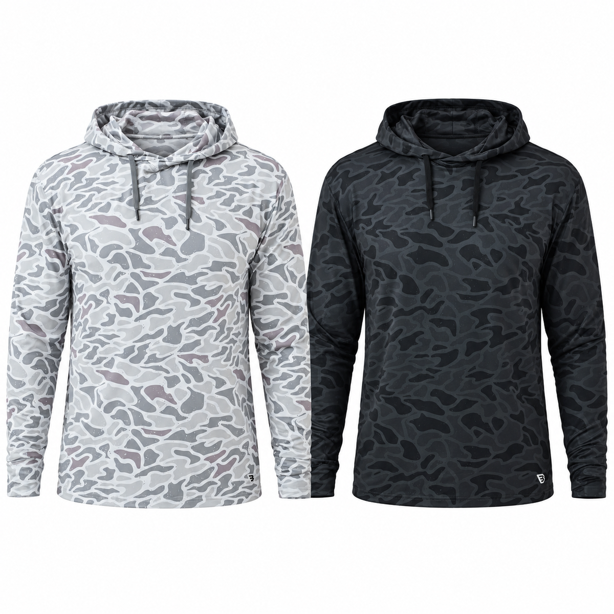Two long-sleeve hooded athletic shirts with a dark camouflage pattern, displayed side-by-side on a plain white background. The shirt on the left is light gray and white, while the shirt on the right is solid black.