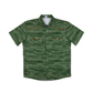 A short-sleeve button-up shirt with a green camouflage pattern and orange contrast stitching, displayed flat against a white background.