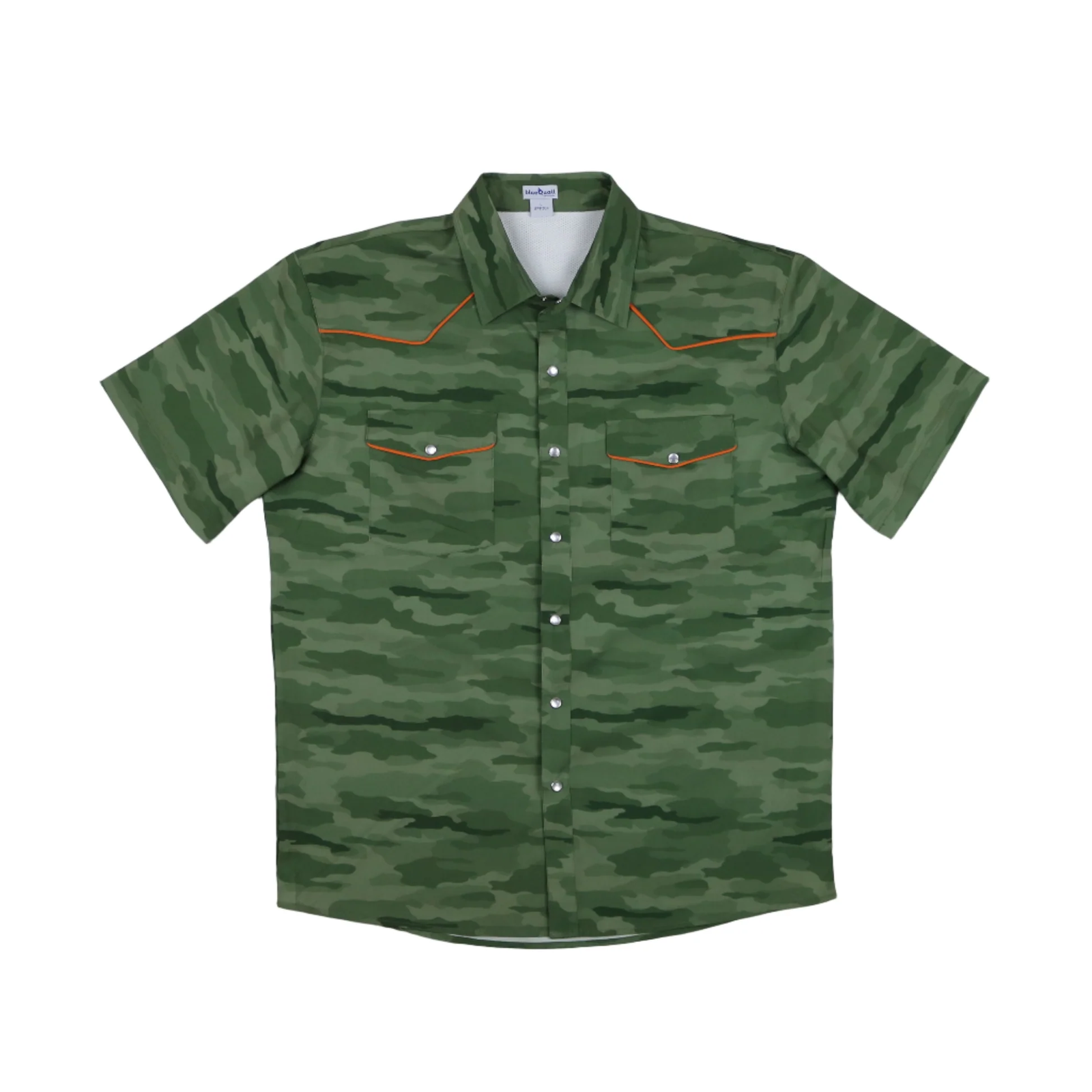 A short-sleeve button-up shirt with a green camouflage pattern and orange contrast stitching, displayed flat against a white background.