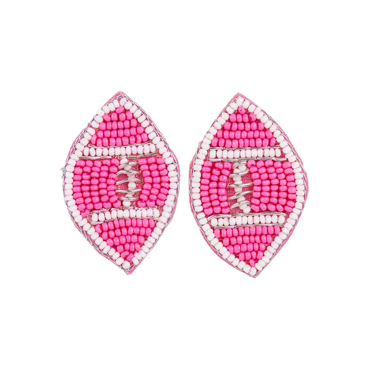 Pink and white beaded football-shaped stud earrings with silver-tone stitched detailing.