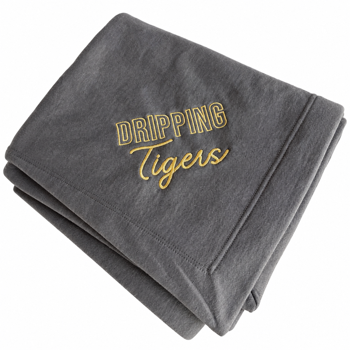 Charcoal stadium blanket with gold embroidered Dripping Tigers lettering