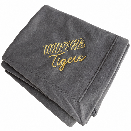 Charcoal stadium blanket with gold embroidered Dripping Tigers lettering