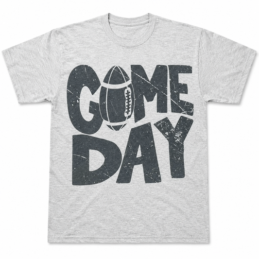 Heather gray Game Day football T-shirt with a distressed black sublimation design.