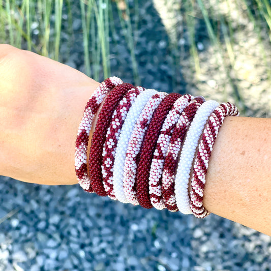 Maroon & White Roll On Bracelet Stack - set of 3