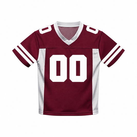 A short-sleeve football jersey in maroon and white, featuring the number '00' in white on the front, a white V-neck collar, and white shoulder stripes.