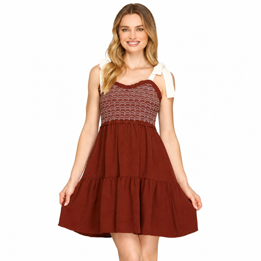 Game Day Shoulder Bow Tie Smocked Woven Mini Dress