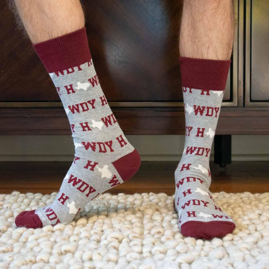 Men's grey Howdy socks with maroon lettering and Texas shapes
