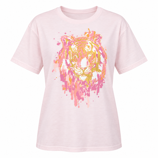 Light pink T-shirt with a multicolor tiger face graphic in pink, peach, white, and metallic gold