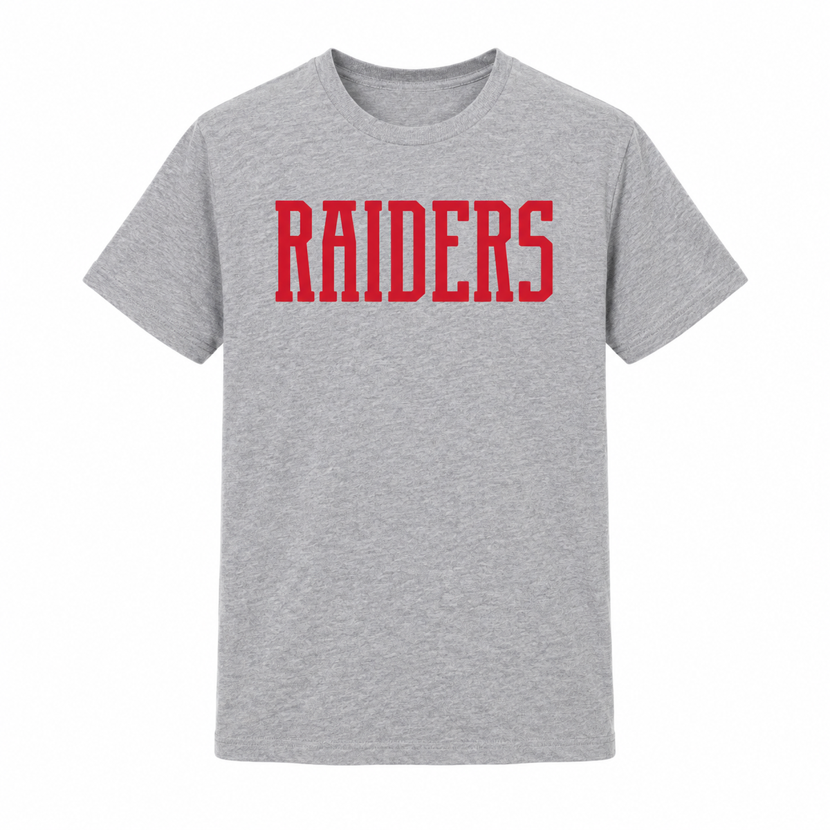 A heather gray short-sleeve crewneck t-shirt featuring the word 'RAIDERS' printed across the chest in bold red block letters, shown against a plain white background.