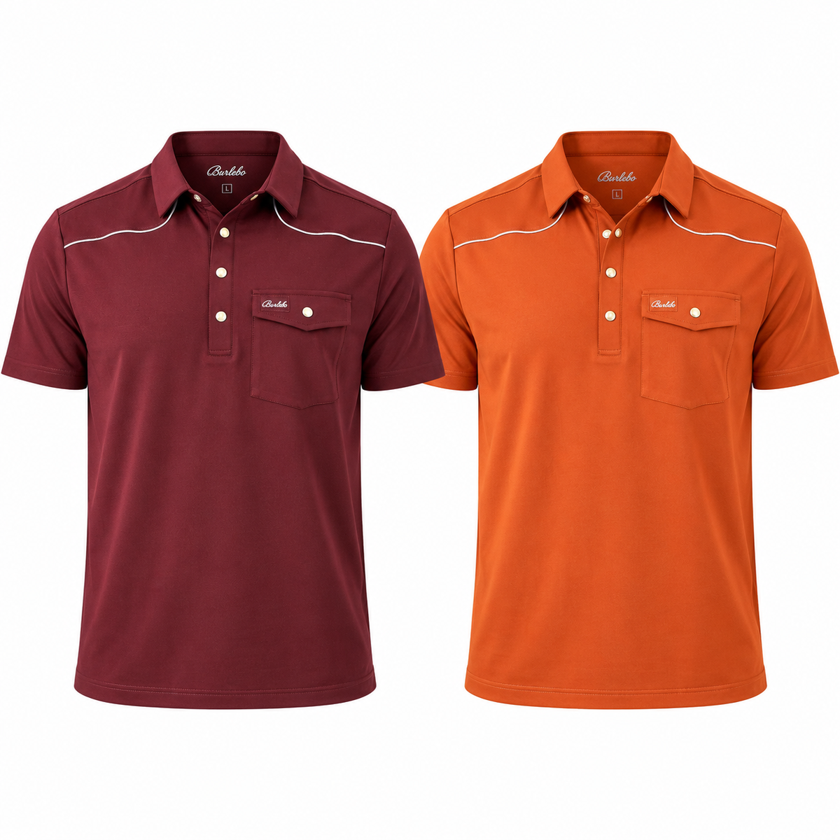 Burgundy and burnt orange Burlebo pearl snap performance polos shown side by side