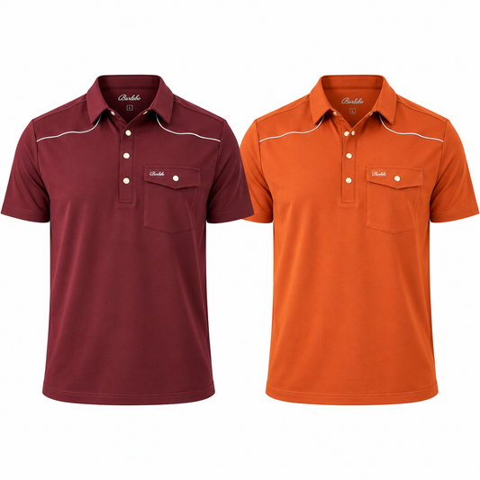 Burgundy and burnt orange Burlebo pearl snap performance polos shown side by side