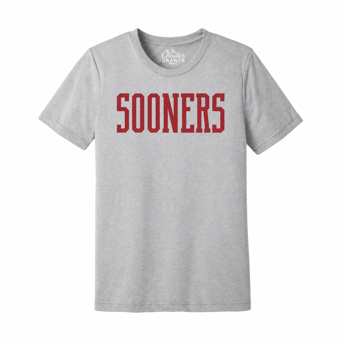A heather gray short-sleeve t-shirt with the word 'SOONERS' printed across the chest in a distressed red font. The brand name 'Crazy Dog T-Shirts' is visible printed inside the collar.