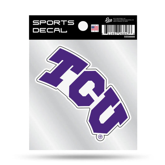 A purple and white TCU sports decal on a silver backing card with a black header that reads 'SPORTS DECAL' and shows a barcode and small logo.