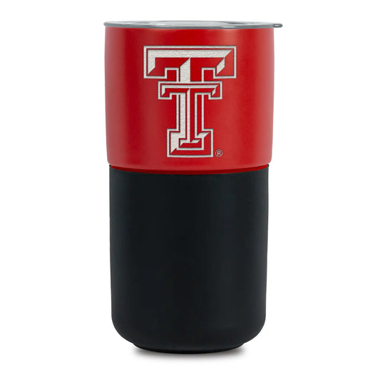 A 2-in-1 travel tumbler featuring a red upper half with a white and red Texas Tech 'T' logo, and a black lower half, shown on a white background.